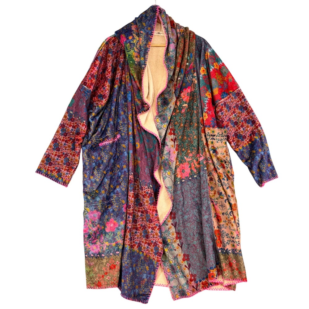 Natural Life Floral Hooded Blanket Kimono Robe Cardigan S/M Boho Oversized Patch